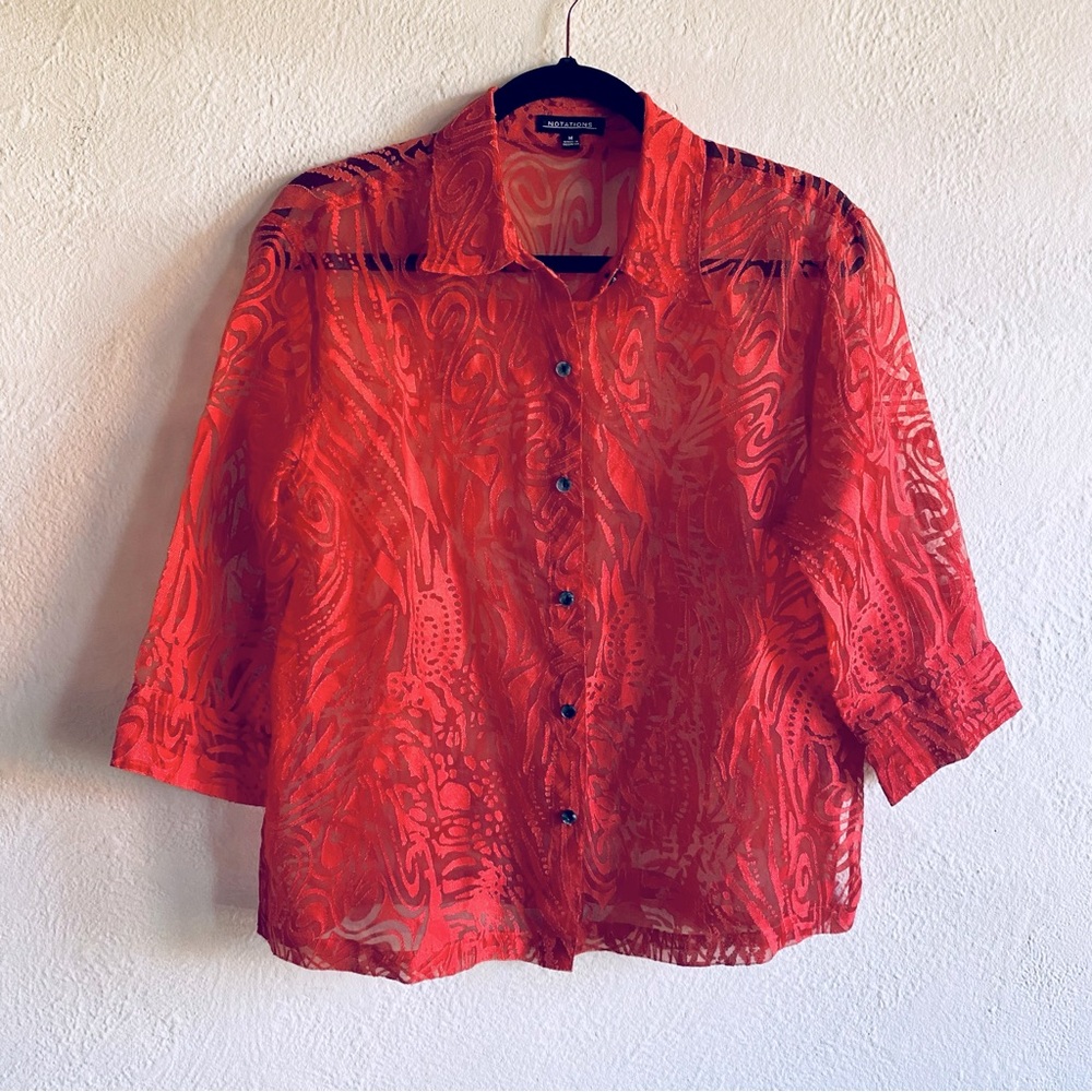 $5 SALE — Notations Sheer Red Coral collared button down 3/4 sleeve top size M